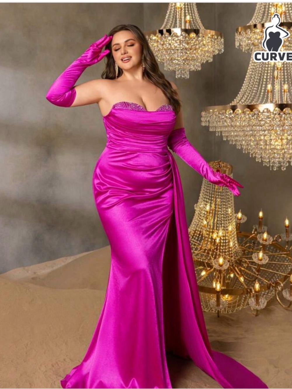 Curvy Satin Strapless Fuchsia Evening Gown